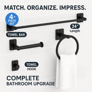 Matte Black Bathroom Hardware Set 4PCS Towel Bar Ring Hook Toilet Paper Holder - Picture 1 of 8