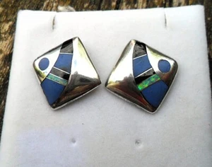 Vintage Native American Sterling Silver inlayed Earrings handmade cast silver - Picture 1 of 8