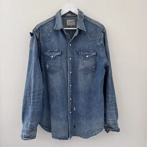 Polo Ralph Lauren Mens Denim Distressed Western Pearl Snap Shirt - Size Large - Picture 1 of 16