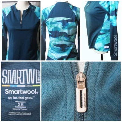 Smartwool XS длинным рукавом 1/4 молнии активный мериноса бирюзовый акварель базовый слой Топ - Изображение 1 из 4
