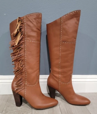 NICOLE Ageless Brown Leather Western Fringed Studded Riding Boots 9.5M - Image 1 of 4