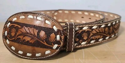 Vintage KENNY ROGERS Men's Sz 32  “The Gambler” Handmade Leather Whipstitch Belt - Image 1 of 4