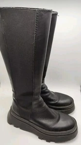 ZARA Lug Sole Tall Leather Black Chunky Heel Combat Boots Stretch Women's Sz 40 - Picture 1 of 12