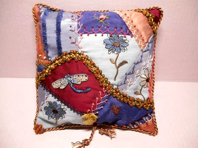 Handmade Silk Crazy Quilt Patchwork Pincushion Mini Pillow Embroidery Velvet 7" - Image 1 of 4