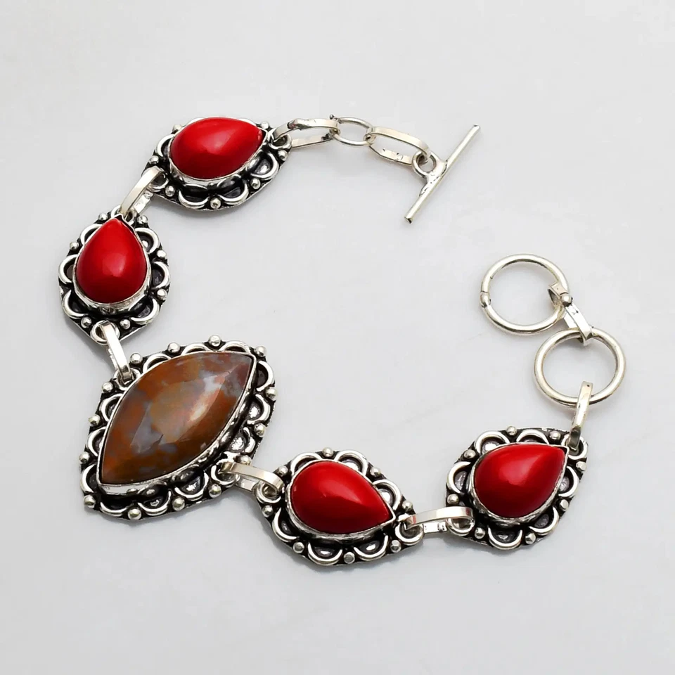 Pulsera étnica hecha a mano de piedras preciosas de coral ágata musgo rojo 27 Gms AB 25541 Foto 1 de 1