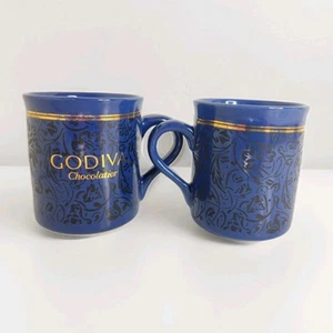 Godiva Chocolatier Coffee Tea Cup Blue Gold Black Floral Design Mug Lot Of 2 - Picture 1 of 15
