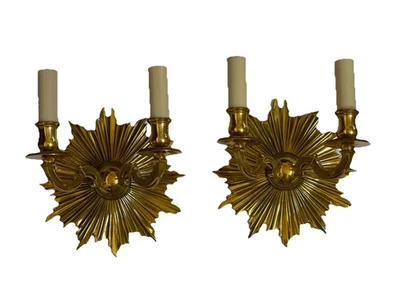 PAIR - Antique Vintage Art Deco Bronze Brass Starburst Sunburst Wall Sconce - Image 1 of 4