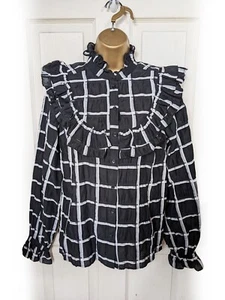 H&M Black & Grey Checkered Cottagecore Blouse Top, Size 12 - NWOT - Picture 1 of 8
