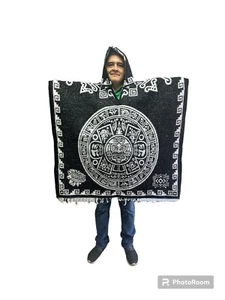 MEXICAN PONCHO WITH HOOD ,  AZTECA , ONE SIZE , AZTEC WARRIOR ,  BLACK & WHITE - Picture 1 of 2