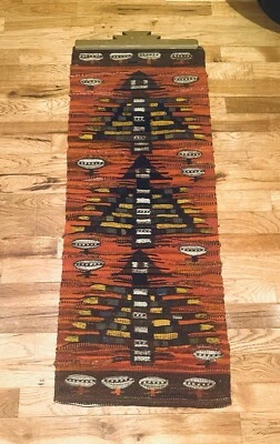 复古 Cepelia 波兰壁挂 Kilim 手工编织羊毛混纺 Aztec 52 x 20 — 第 1/4 张图片