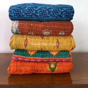 Lot 5 Pcs Twin Vintage Vintage Kantha Quilt Bedspread Coverlet Bed Runner - Picture 1 of 5