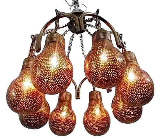 BR285 Handmade Brass Chandelier 8 Bulb-Shaped Shades Pierced Metal Pendant Light - Image 1 of 4
