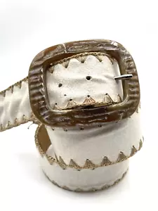 Chico’s Boho Peasant Women’s M Belt White Tan Stitching Tortoise Buckle Hipster - Picture 1 of 12