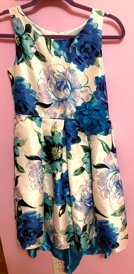 Vestido de festa EMILY WEST menina 16 novo branco azul flores saia plissada zíper alto-baixo - Imagem 1 de 4