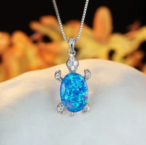 Classic Oval Cut Blue Fire Opal Cubic Zirconia Turtle Silver Necklace Pendants - Picture 1 of 8