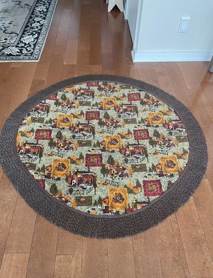 VINTAGE MCM FARM & FLORAL LINEN TABLECLOTH TRIM & FRINGE ROUND 58” HANDMADE - Image 1 of 4