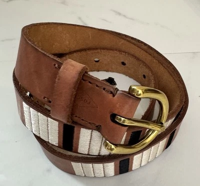 VTG FOSSIL Women Skinny Leather Belt Boho Hippie Striped Woven Embroidered Brown - Image 1 of 4
