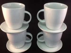 8 Pc 12 oz White Porcelain Mugs & Saucer Set. Coffee Tea Cups w/ 4 FREE SPOONS - Picture 1 of 9