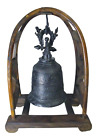 Rare 19th C. 15" Burmese Temple Bronze Bell Guardian Lions Buddhas Wooden Frame