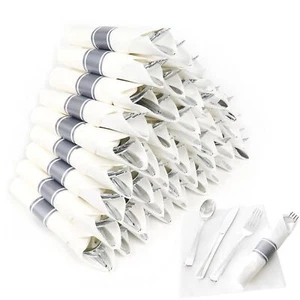 50 Pack Pre Rolled Silver Plastic Silverware SetWrapped Plastic Cutlery Set w... - Picture 1 of 7