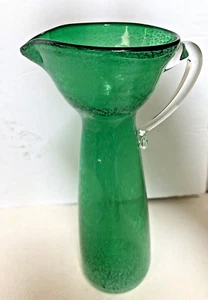 MCM BLOWN ITALIAN GREEN FLECKED GLASS CRUET PITCHER - APPLIED CLEAR HANDLE 8.25" - Picture 1 of 4
