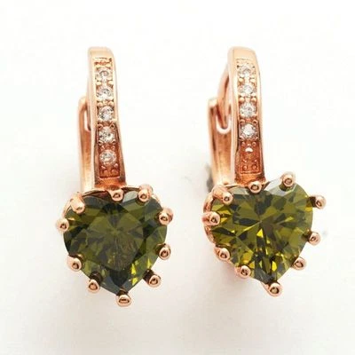 Rose Gold Plated Olive Green Heart Shape CZ w/Accents Leverback Hoop Earrings  - Image 1 of 4