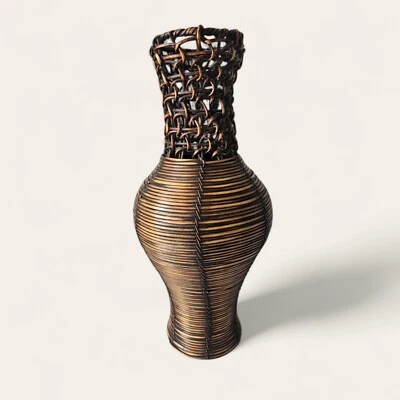 Jarrón de mimbre tejido vintage en marrón, 15" de alto. Diseño trenzado. Regalos de decoración del hogar Foto 1 de 4