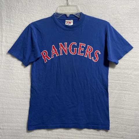 Vtg Majestic Shirt Texas Rangers #6 Youth Medium Little League Blue Crew Neck Cover