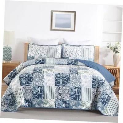 Juego de edredón reversible a cuadros tamaño patchwork colcha colcha azul reina Foto 1 de 4