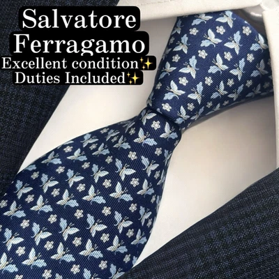 Salvatore Ferragamo Silk Tie Blue Butterfly Pattern 9.0cm Excellent Condition - Image 1 of 4