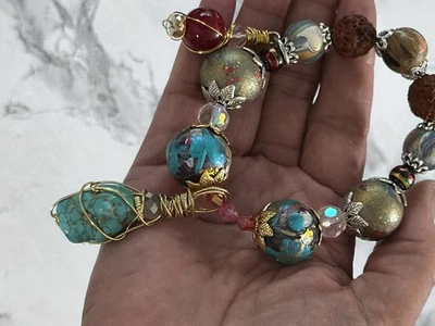 Artisan Charm Bracelet Howlite and Hand Painted Beads Crystal Glass OOAK 0778 G - Image 1 of 4