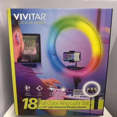 Vivitar 18" LED RGB Ring Light with Tripod, Phone Holder USB Charging Ports - Image 1 of 4