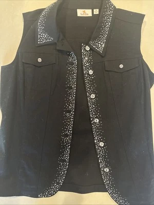 Quacker Factory Denim Vest Womens M Black Studded Rhinestone Western Cowgirl - Image 1 of 4