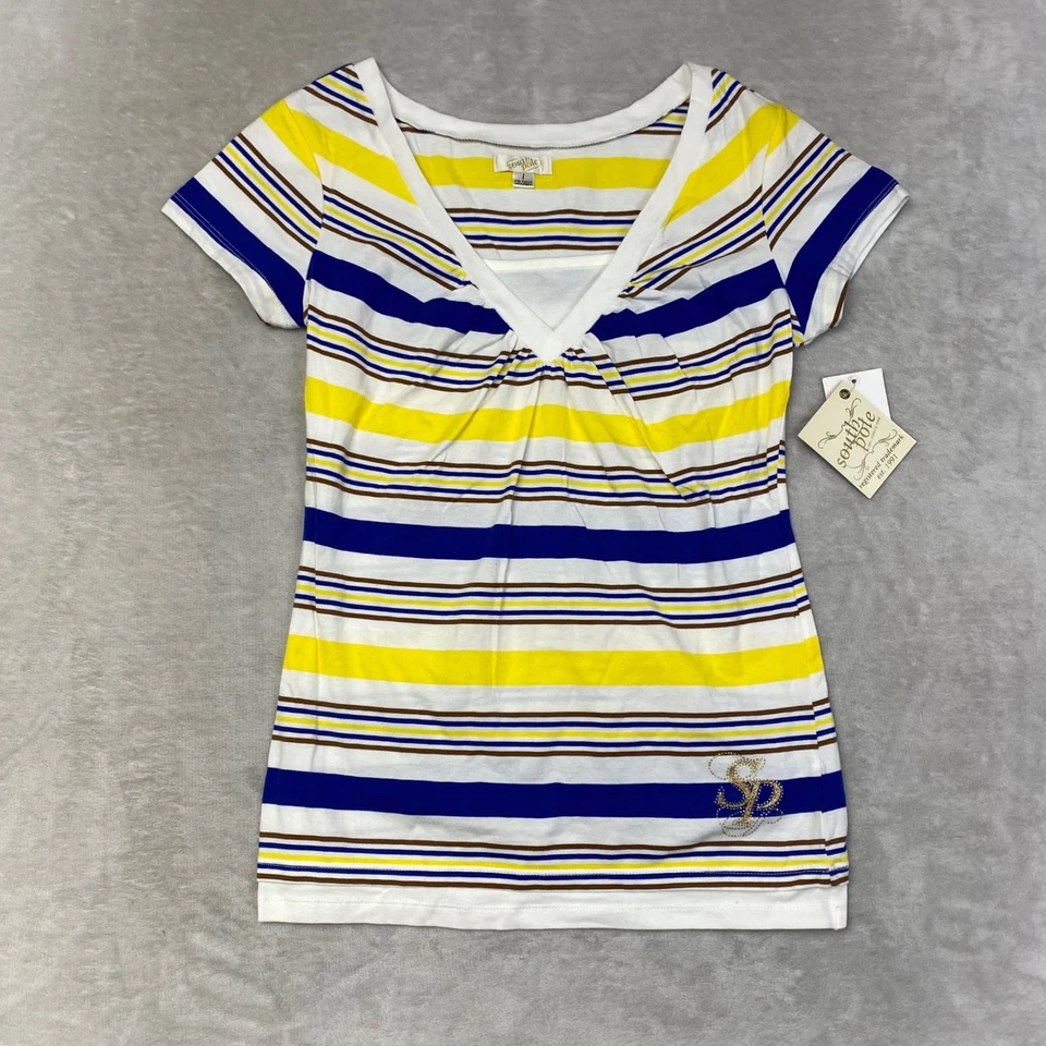 South Pole Womens Striped V Neck Tee Shirt Royal Essentials Blue Yellow White L - Image 1 of 4