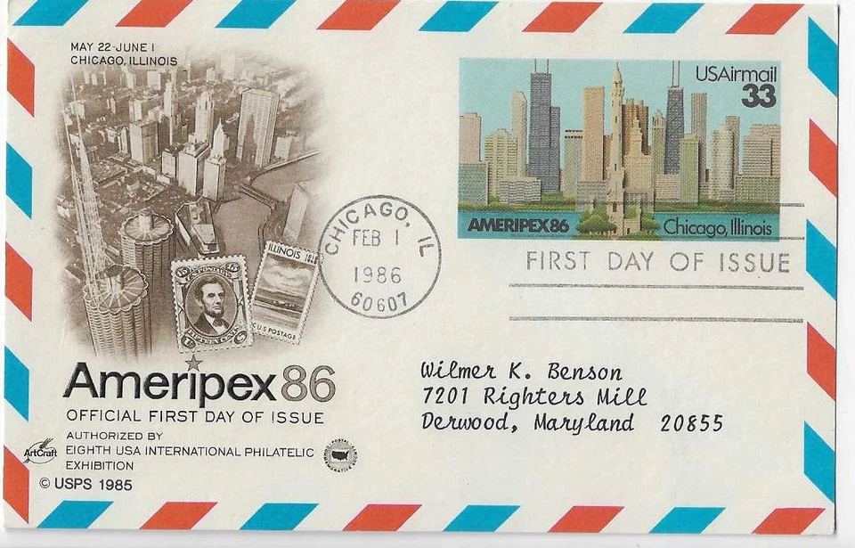 ArtCraft # UXC23 Ameripex 86, PCS variety,  Air Mail Postal Card, Addressed - Image 1 of 1