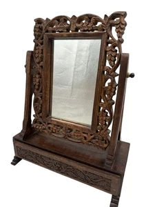 Antiker aufwendiger geschnitzter Holz-Schminktischspiegel drehbar mit Schublade marokkanisch Boho 17 Zoll hoch - Bild 1 von 9