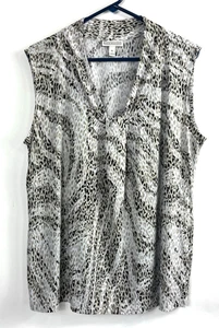 Women's Dana Buchman Black Tan White Leopard Print V-Neck Sleeveless Blouse XL - Picture 1 of 12