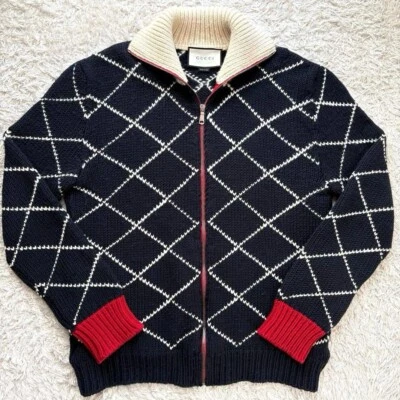 GUCCI Men’s High-Neck Zip-Up Cardigan Navy Long Sleeve Size L Used from Japan - Image 1 of 4