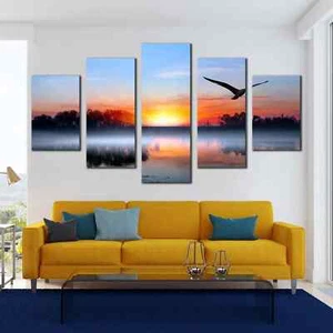 Lake Sunset With Bird Silhouettes Blue Sky Trees 5 Piece Panel Canvas Wall Art - Picture 1 of 4