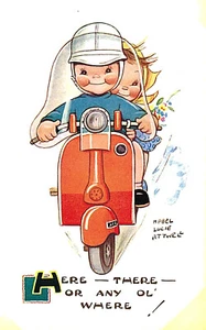Postkarte-Hier-Da-oder irgendein alter wo, Zwei Kinder auf Motorrad, signiert Atwell - Bild 1 von 2