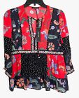 ?? LOVE SAM Red Black Floral Colorblock Embroidered Tassel Tie Blouse Top XS 0/2