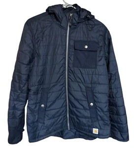 Carhartt Amoret Flannel Lined Puffer Jacket Womens M 8/10 Blue Zip Hooded - Picture 1 of 6