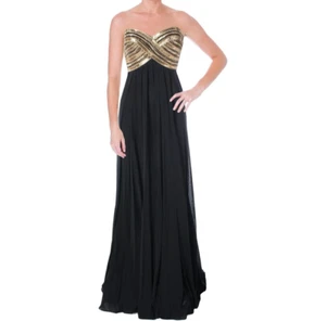 Neu JVN JOVANI schwarz Chiffon Gold Perlen Herzausschnitt trägerlos Ballkleid 2 - Bild 1 von 2