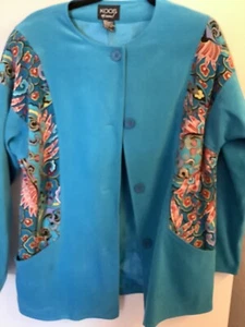 KOOS of Course!! Turquoise Lined Jacket w/ Silk  Design on Front Size Small - Picture 1 of 3