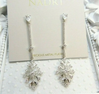 NEW Nadri Rhodium plated Starburst CZ Crystal Long Drop Earrings $75 Gift Bridal - Image 1 of 4