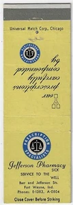 Jefferson Pharmacy Fort Wayne Ind. Date 1950-59 FS Empty Matchcover - Picture 1 of 3