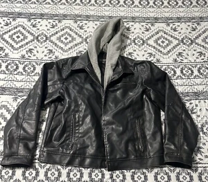 Kenneth Cole Reaction Solid Black Leather Jacket W/Zip Out Hooded Bib Mens XL - Picture 1 of 8