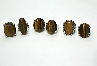 Lote de 6 Anillos de Cóctel Piedra Ojo de Tigre ~ Metal Tono Plata Variedad de Tamaños #02 Foto 1 de 4