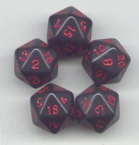 RPG Dice Set of 5 D20 - Opaque Black w/Red Ink - Picture 1 of 1