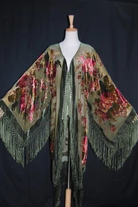 Art to Classic Olive Green Color Fringe Jacket Burnout Velvet Coat Kimono Duster - Picture 1 of 6